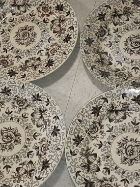 Floral Transferware Dinner Plates — Brown on Cream (Set of 4)